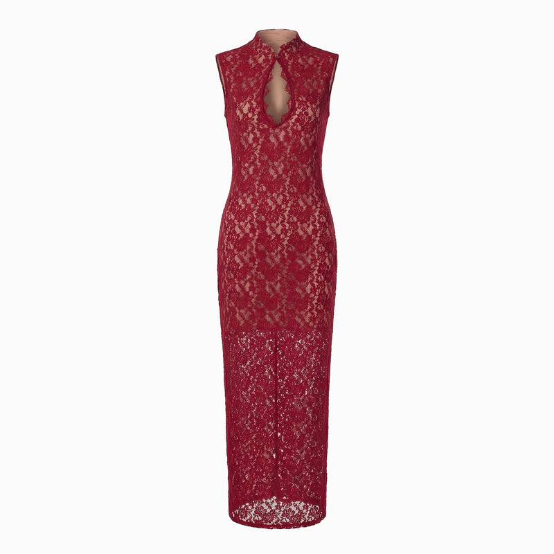 Dark red Korean lace midi dress