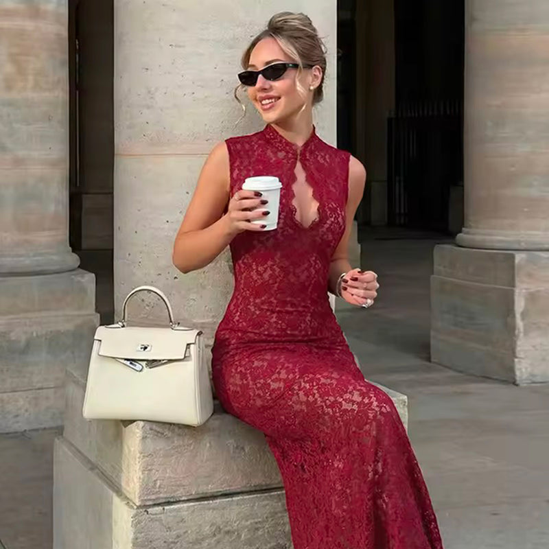 Dark red Korean lace midi dress
