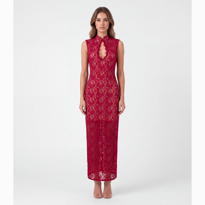 Dark red Korean lace midi dress