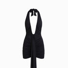 Mini abito nero con profondo scollo e drappeggi in mesh