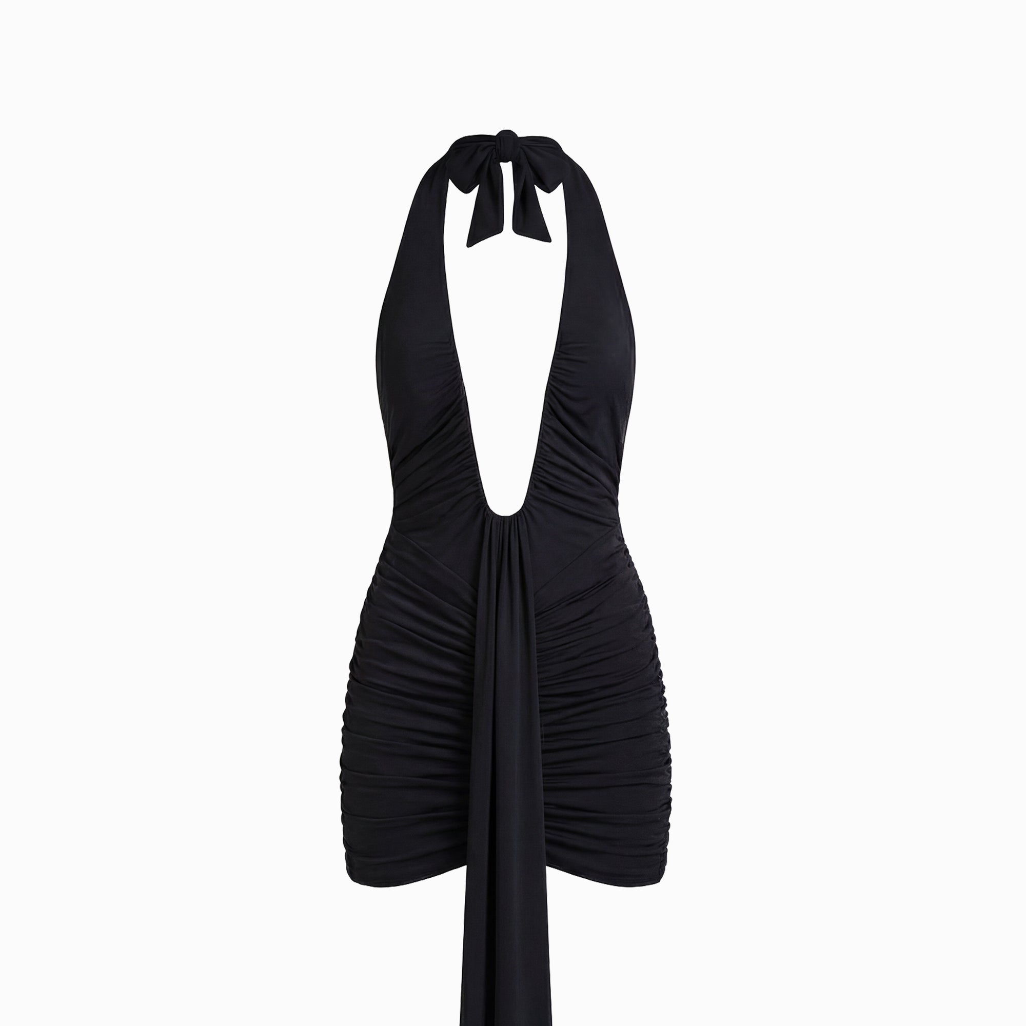 Mini abito nero con profondo scollo e drappeggi in mesh