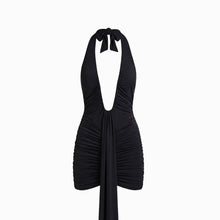Mini abito nero con profondo scollo e drappeggi in mesh