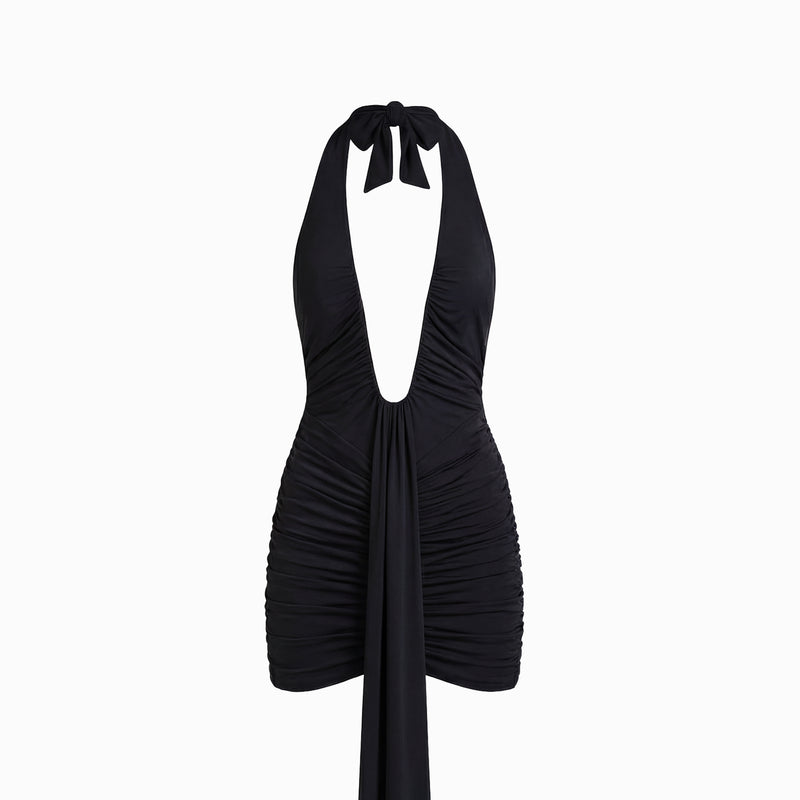 Black mini dress with deep neckline and mesh drapes