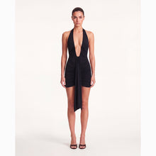 Mini abito nero con profondo scollo e drappeggi in mesh