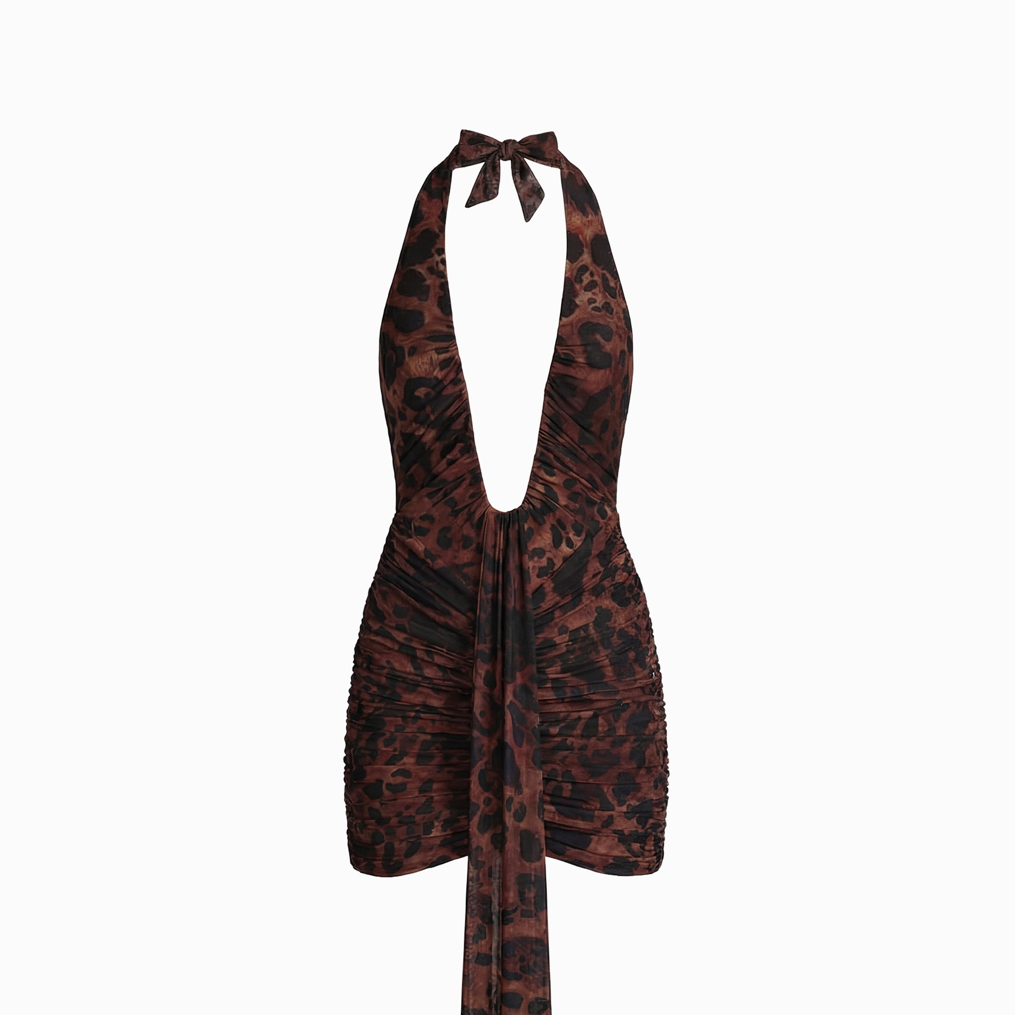 Mini abito leopardato con profondo scollo e drappeggi in mesh