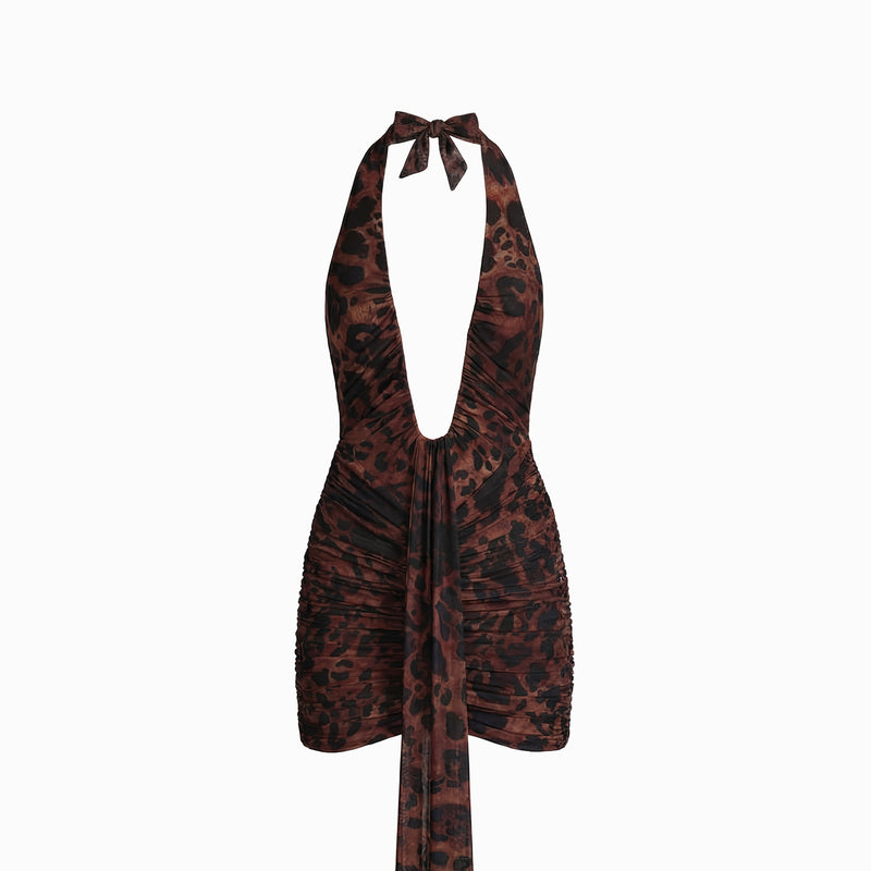 Leopard mini dress with deep neckline and mesh drapes
