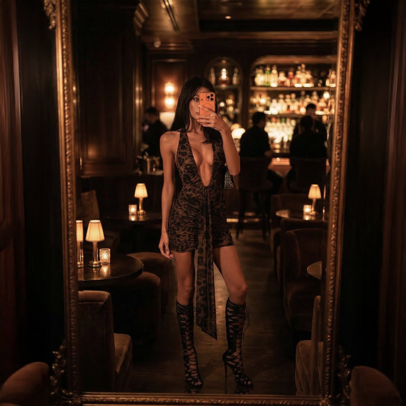 Leopard mini dress with deep neckline and mesh drapes