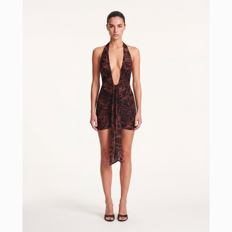 Mini abito leopardato con profondo scollo e drappeggi in mesh