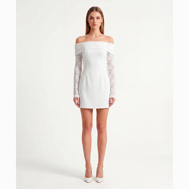 Mini abito bianco con scollo a fascia in jersey
