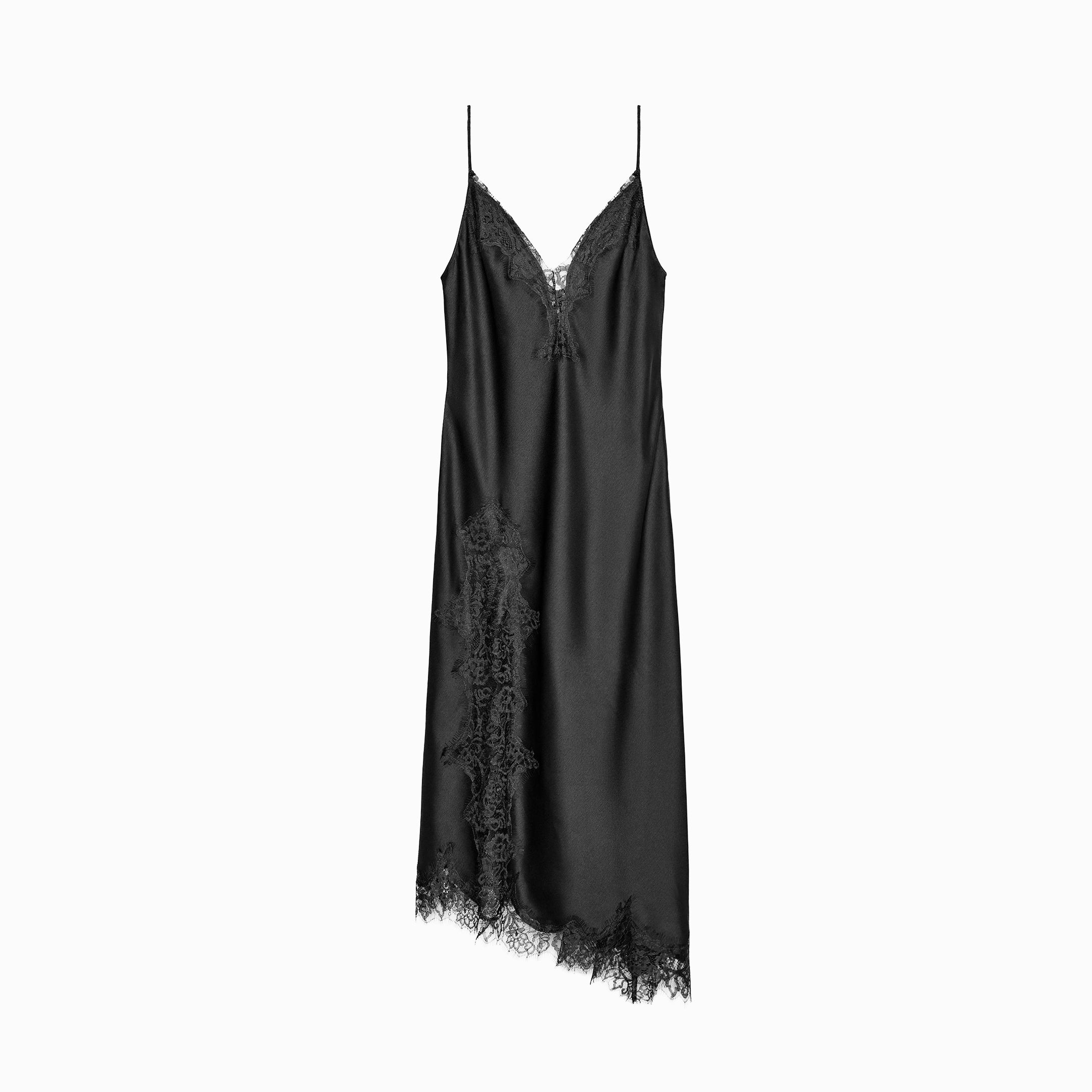 Black satin midi lingerie dress with lace details