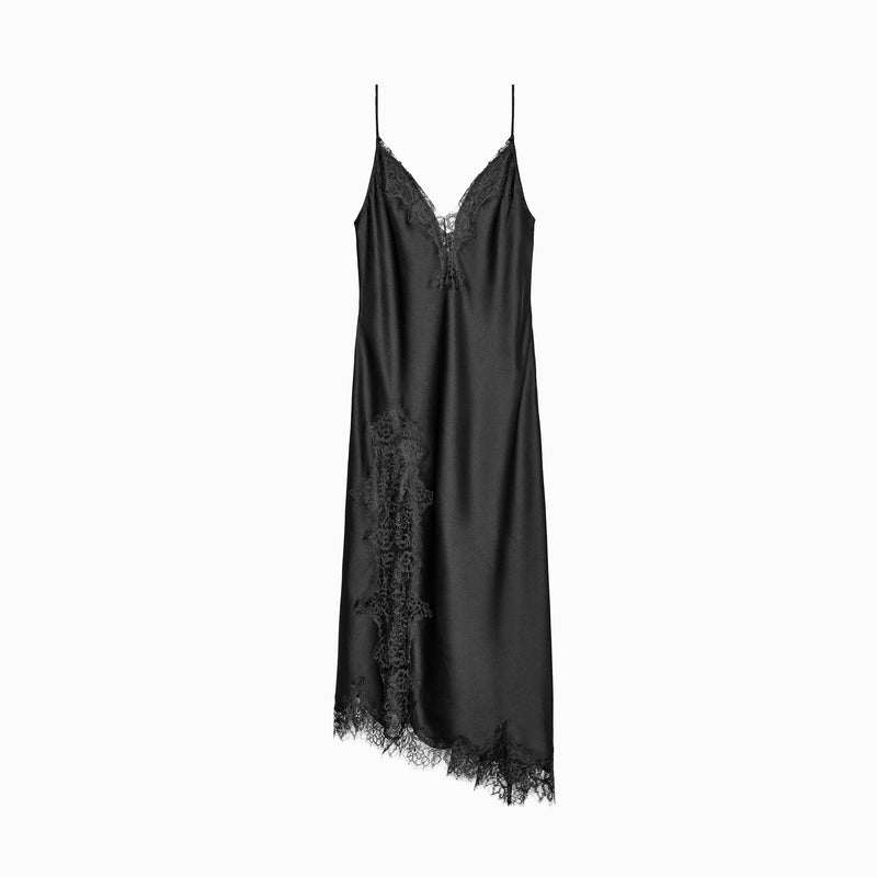 Black satin midi lingerie dress with lace details