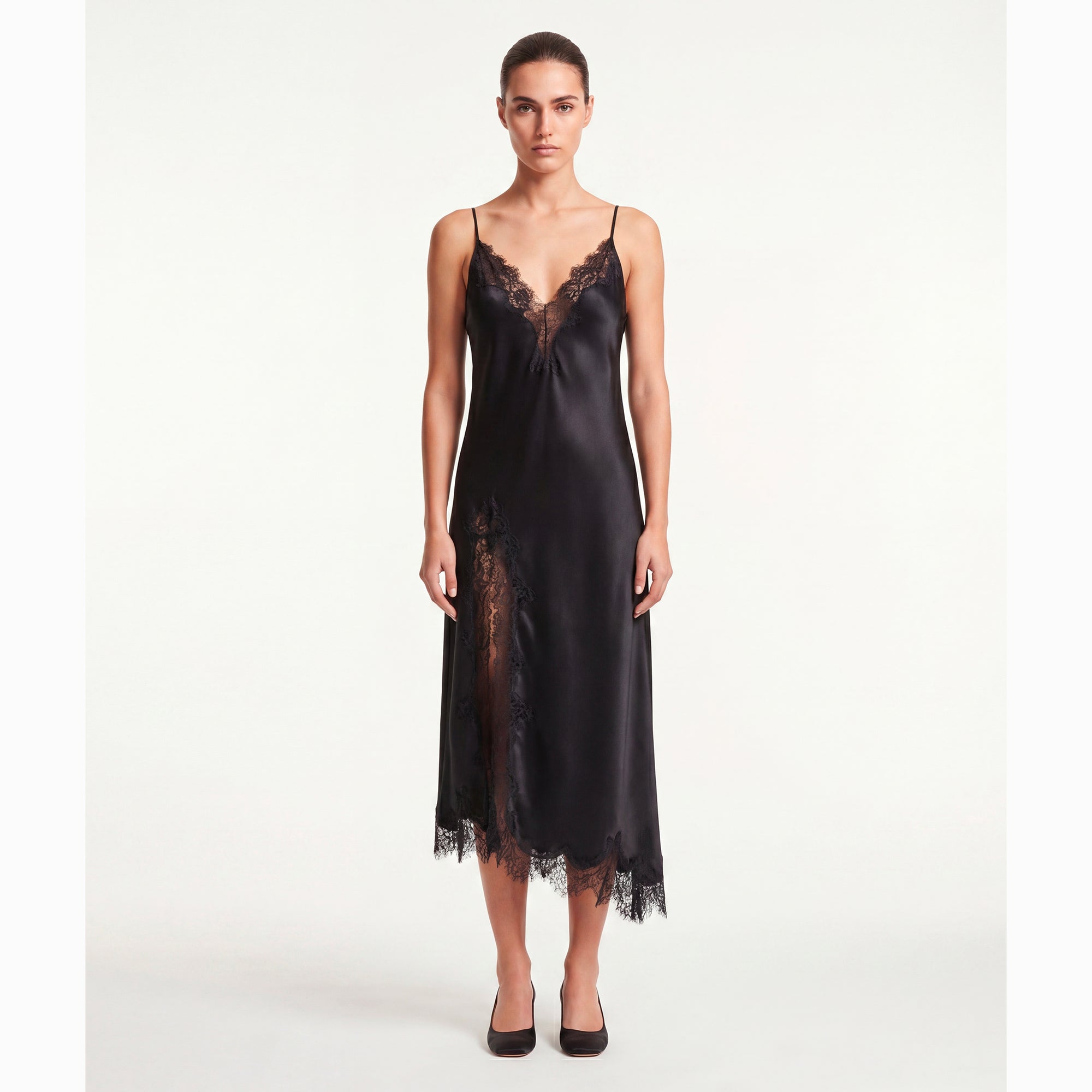 Black satin midi lingerie dress with lace details