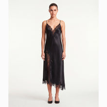 Black satin midi lingerie dress with lace details