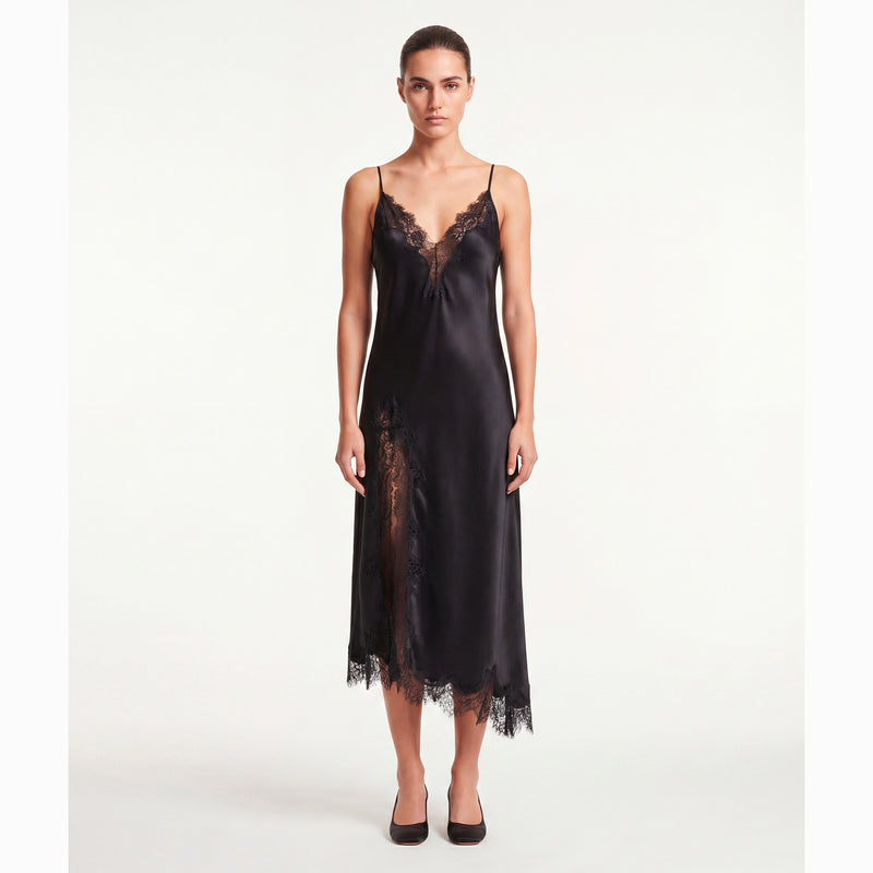 Black satin midi lingerie dress with lace details