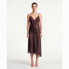 Abito midi lingerie marrone in raso e dettagli in pizzo