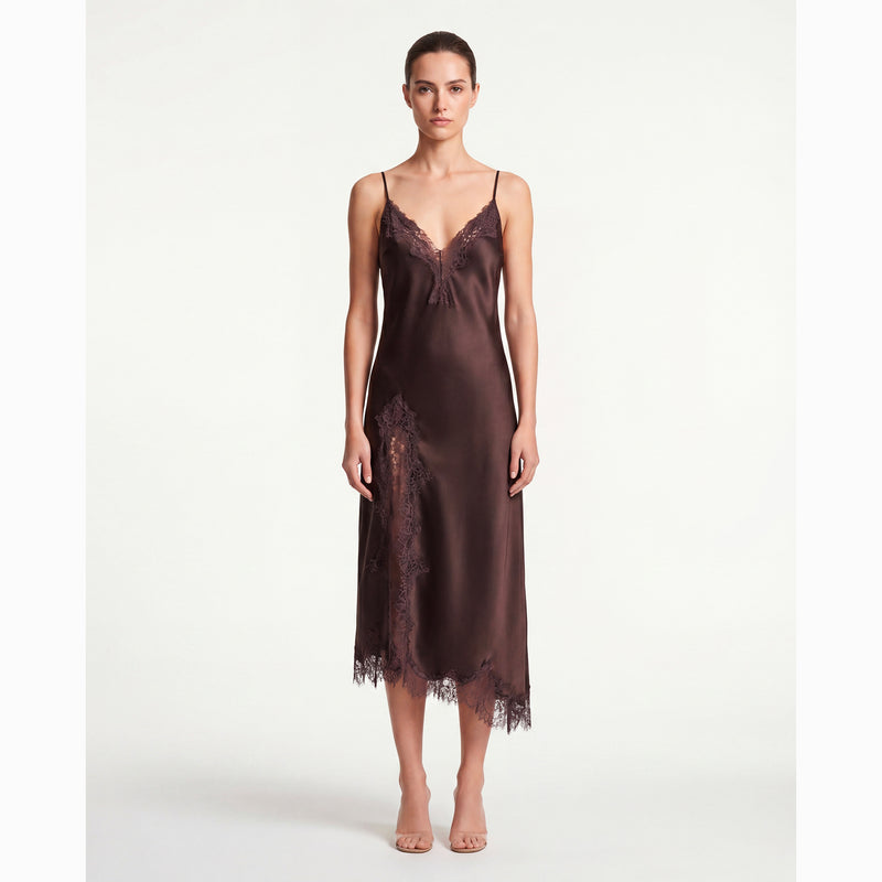 Brown satin midi slip dress with lace details