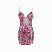 Mini abito in paillettes floreali con voilants