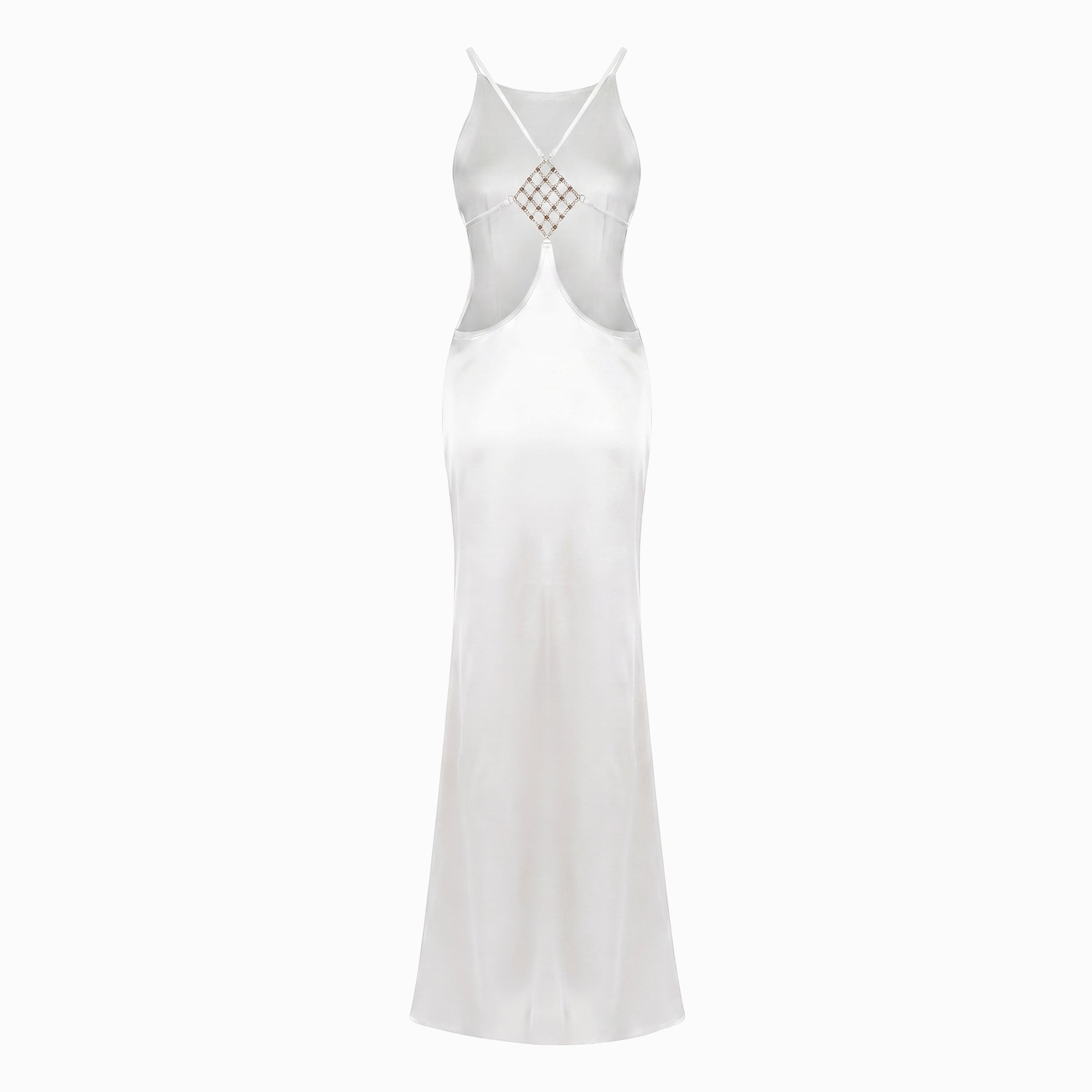 Long white satin dress with jewel detail