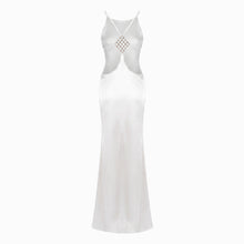 Long white satin dress with jewel detail