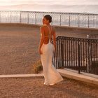 Long white satin dress with jewel detail