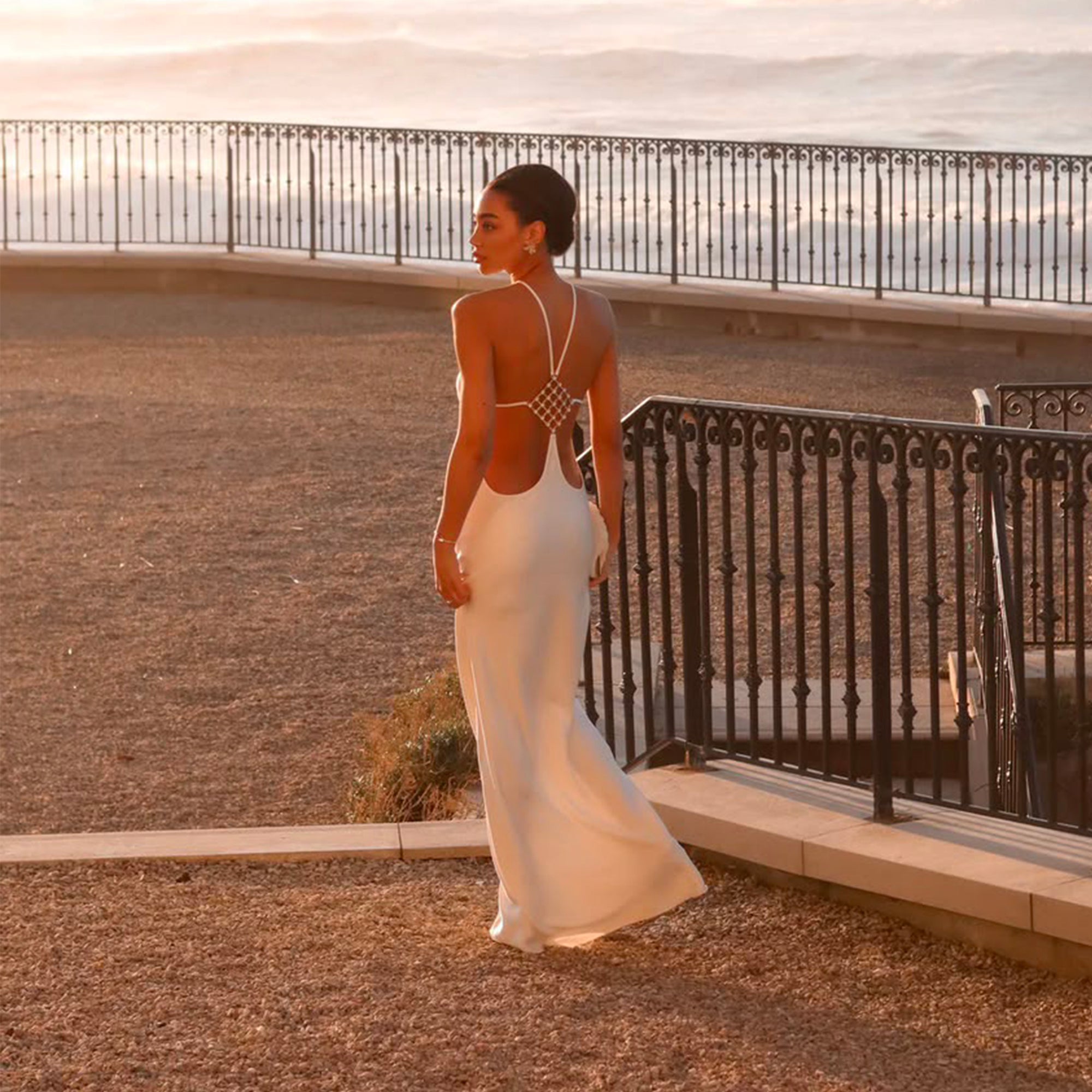 Long white satin dress with jewel detail