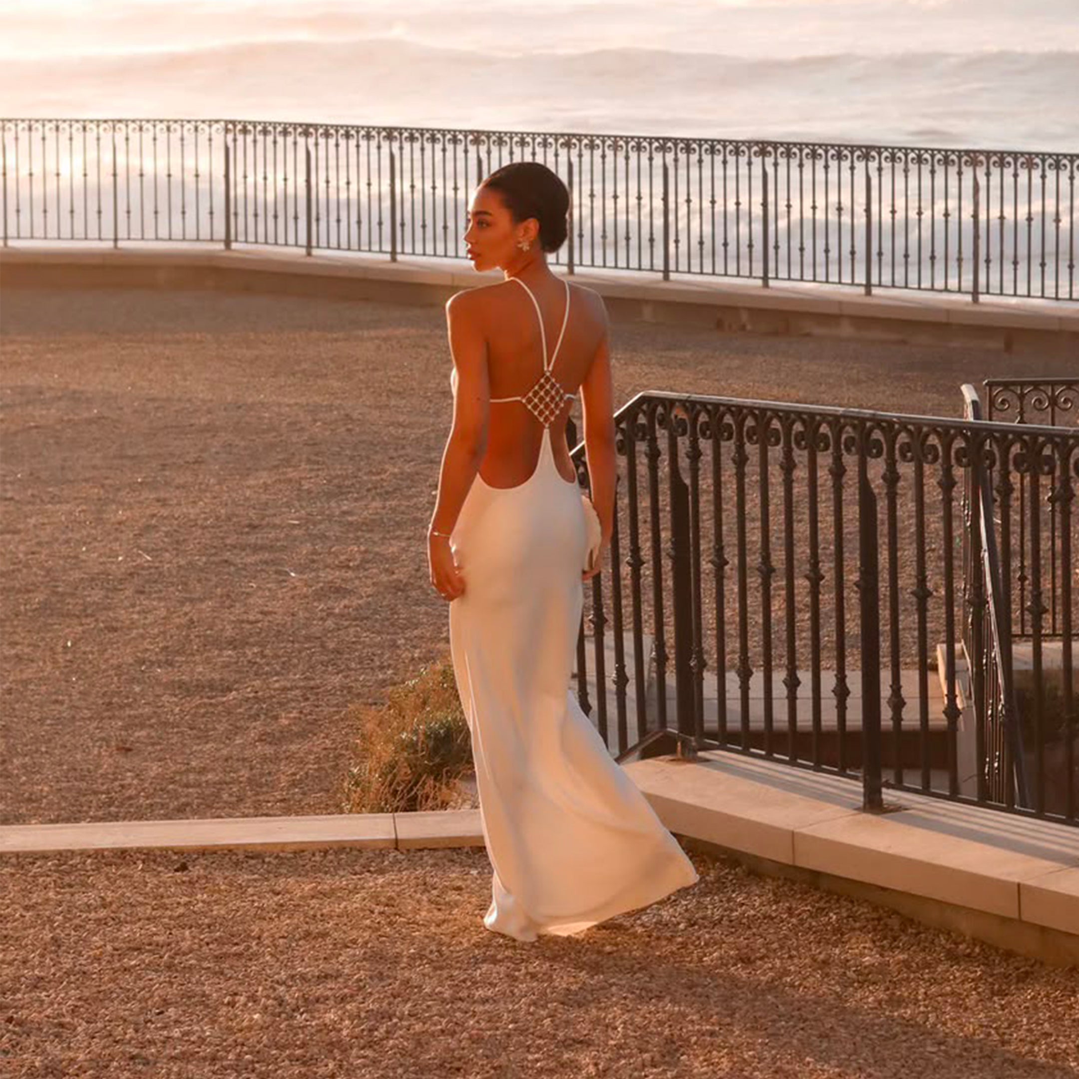 Long white satin dress with jewel detail