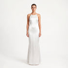 Long white satin dress with jewel detail