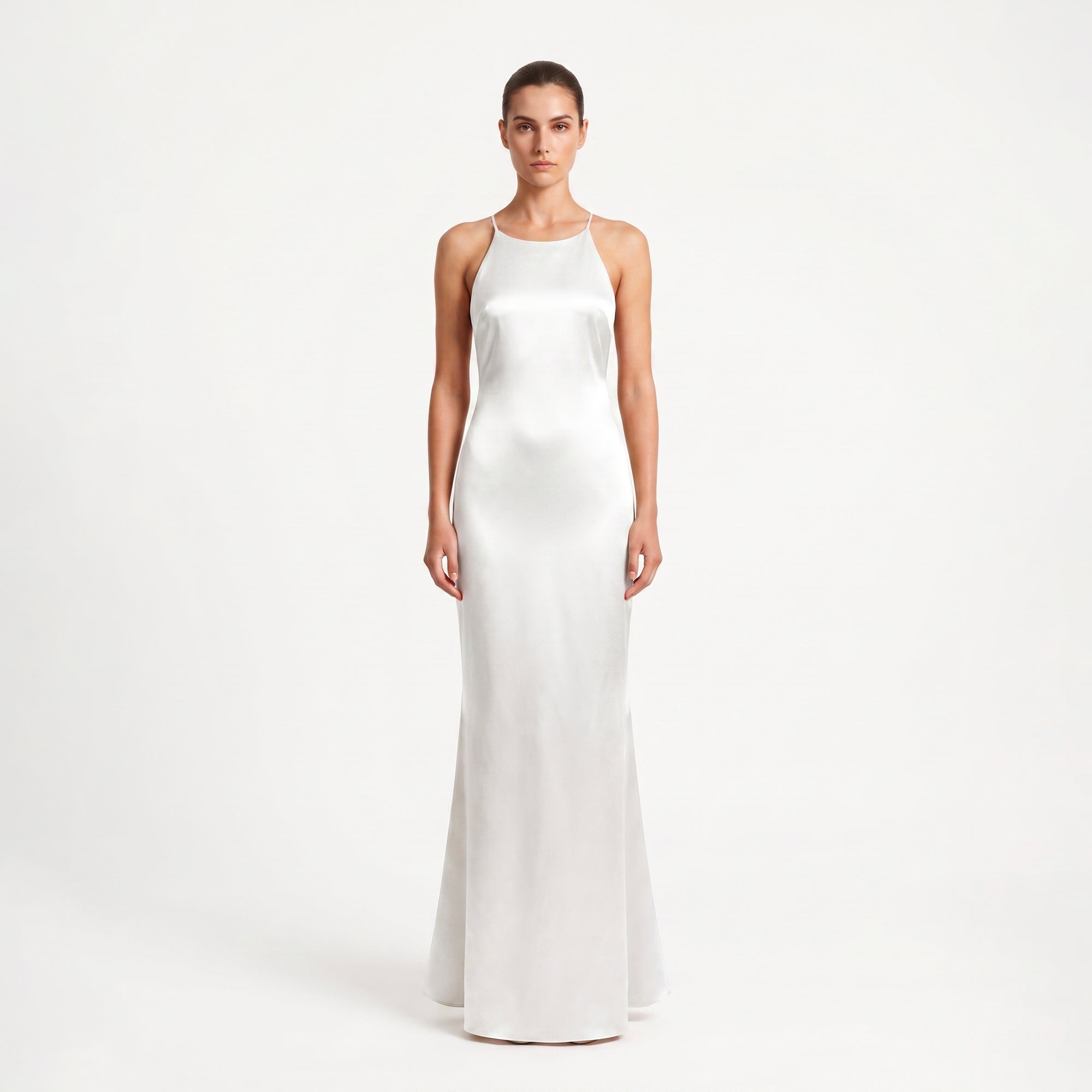 Long white satin dress with jewel detail