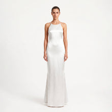 Long white satin dress with jewel detail