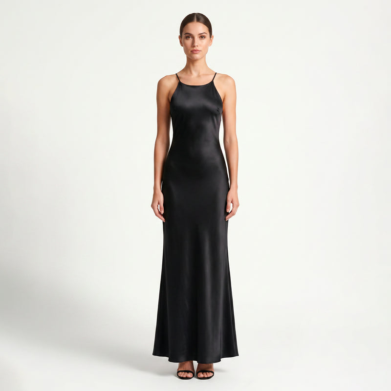 Long black satin dress with jewel detail