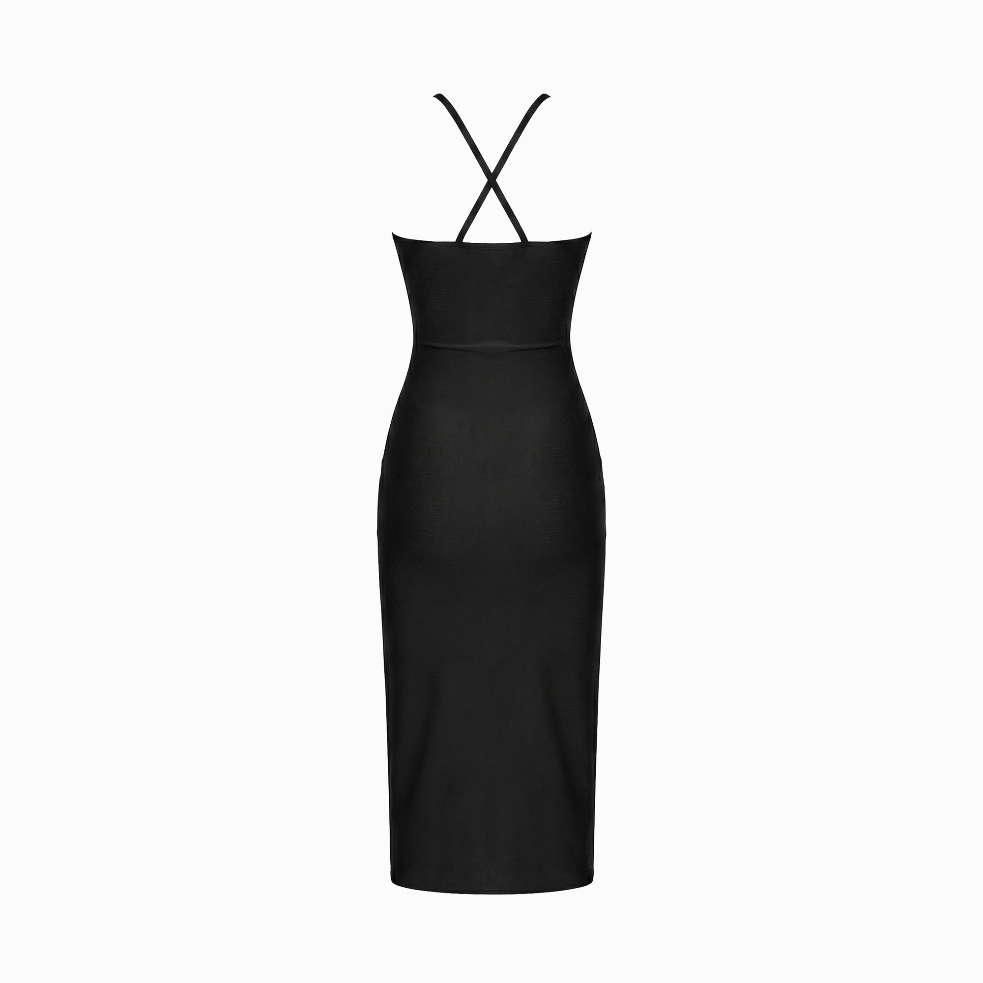 Black form-fitting midi dress with cutouts