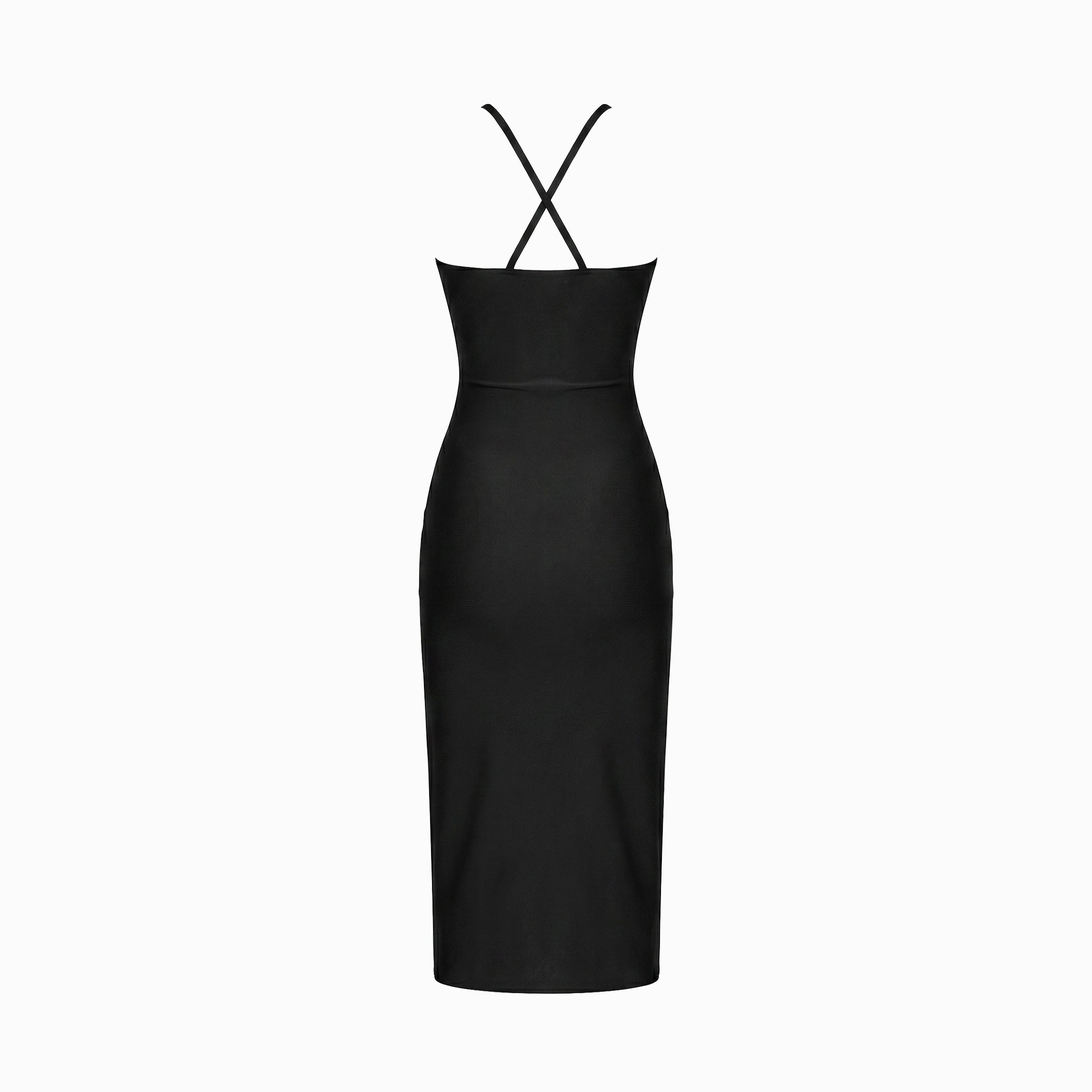 Black form-fitting midi dress with cutouts
