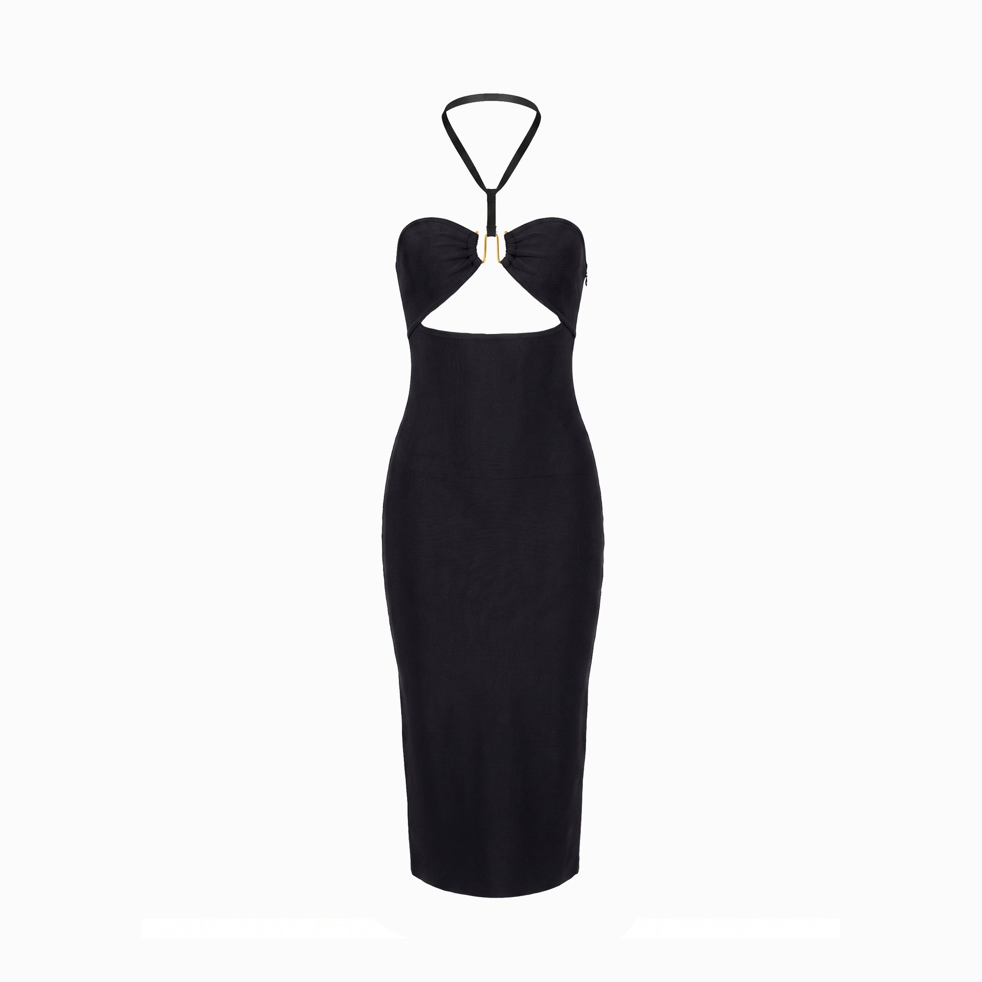 Black form-fitting midi dress with cutouts
