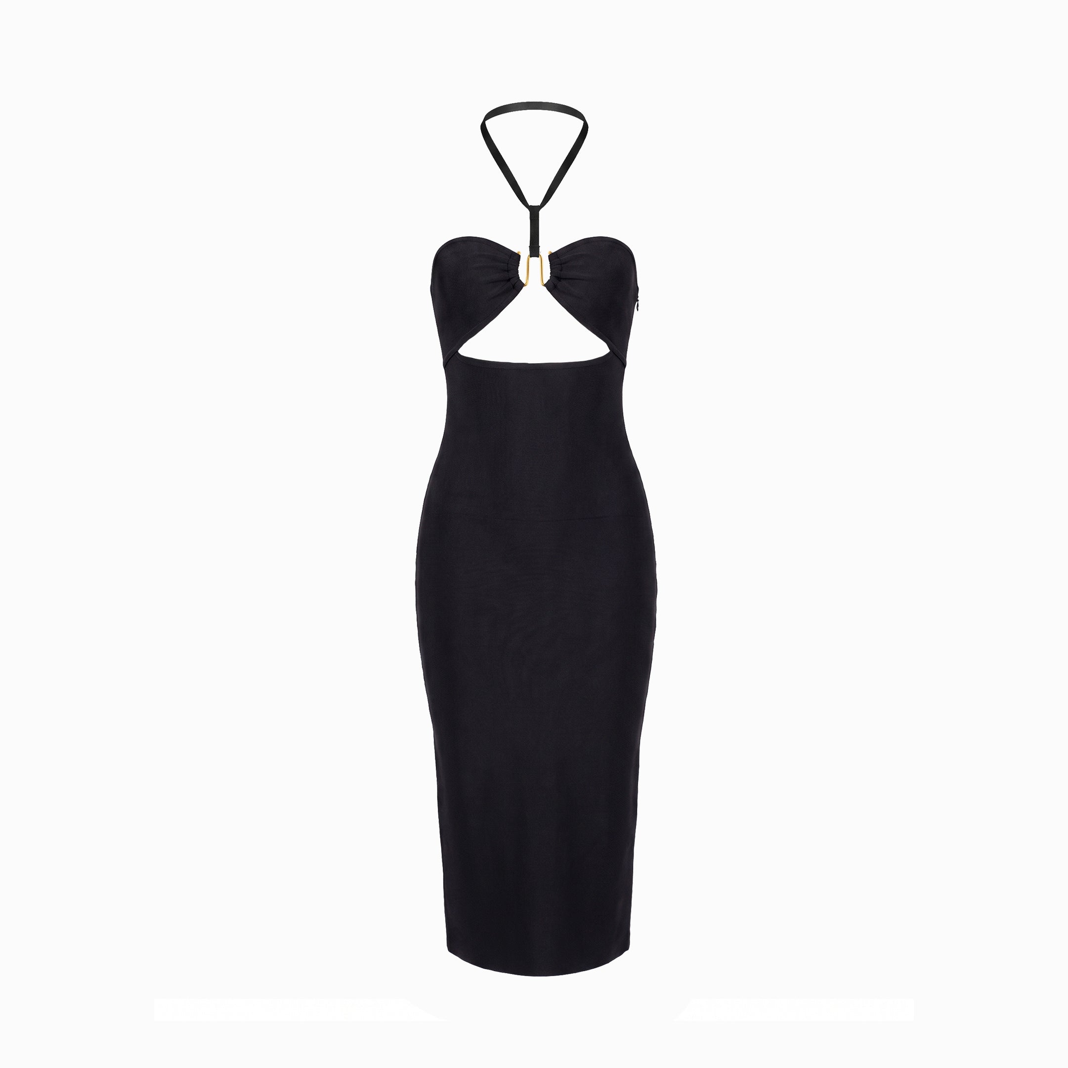 Black form-fitting midi dress with cutouts