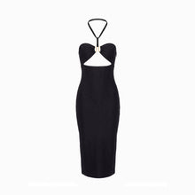 Black form-fitting midi dress with cutouts