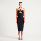 Black form-fitting midi dress with cutouts