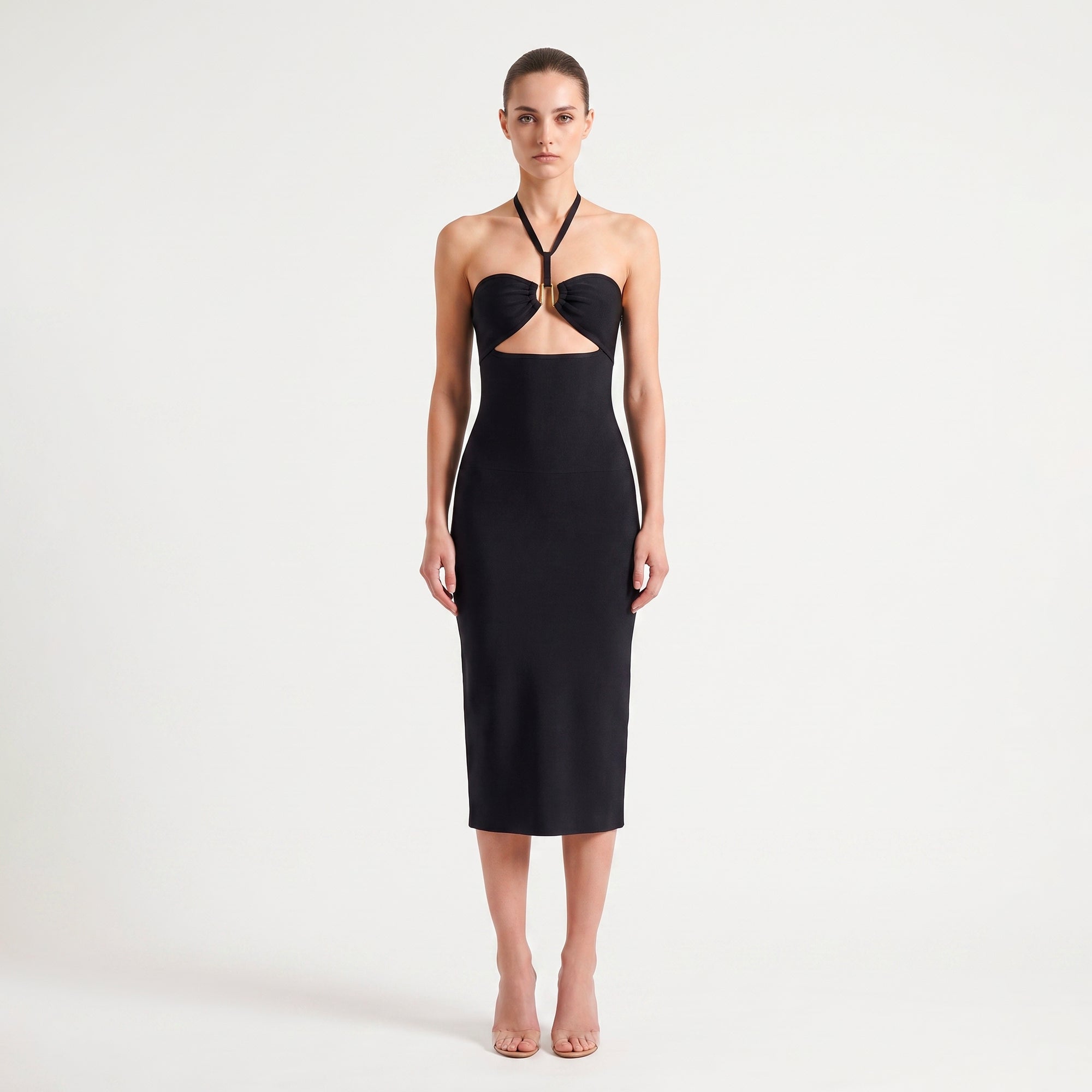 Black form-fitting midi dress with cutouts