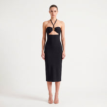 Black form-fitting midi dress with cutouts