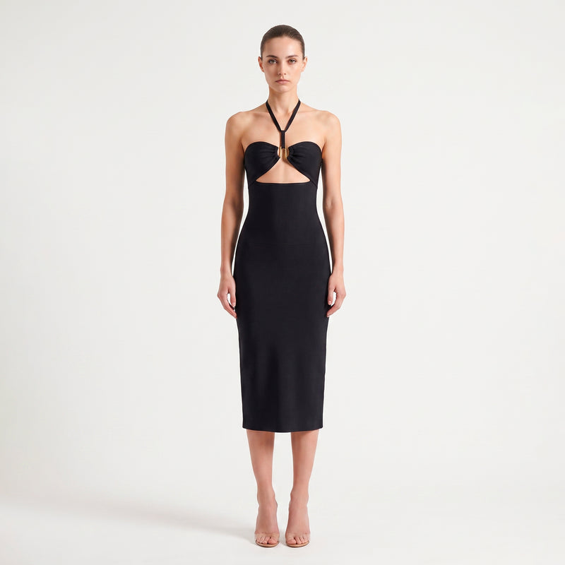 Abito midi nero fasciante con cutout
