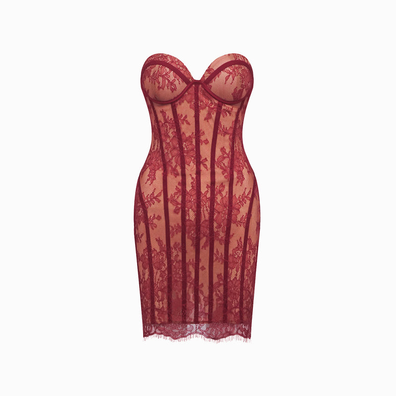 Mini abito rosso bustier con pizzo