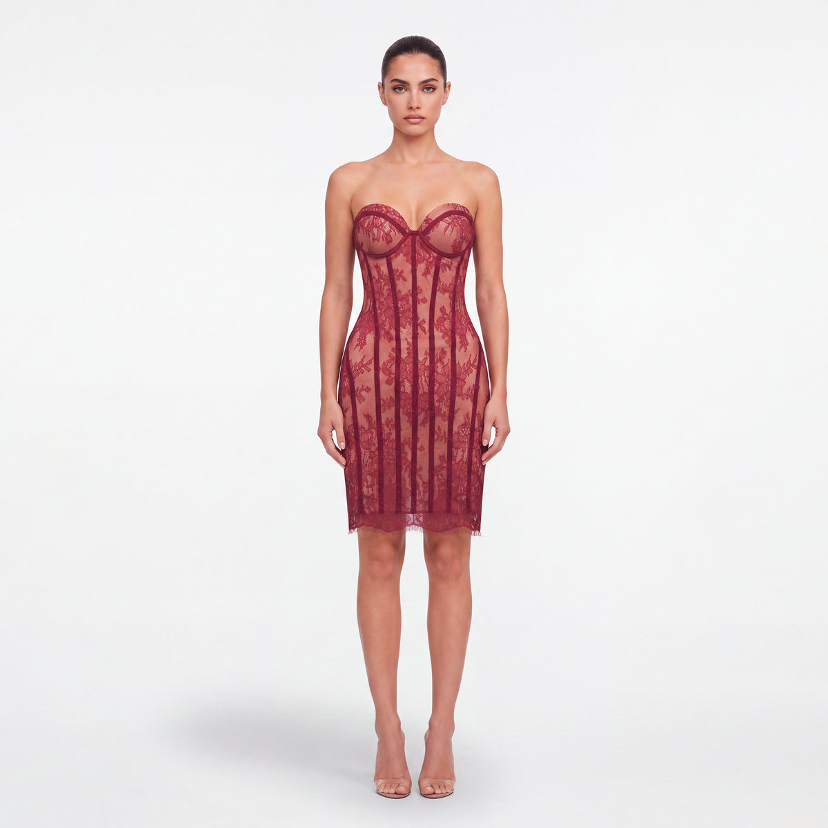 Mini abito rosso bustier con pizzo