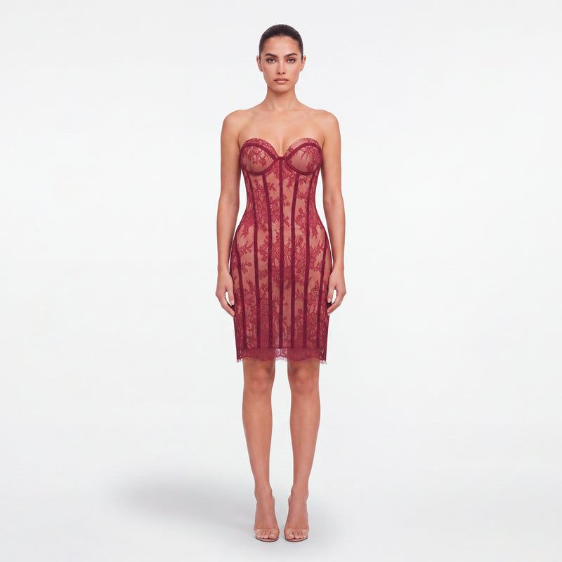 Mini abito rosso bustier con pizzo