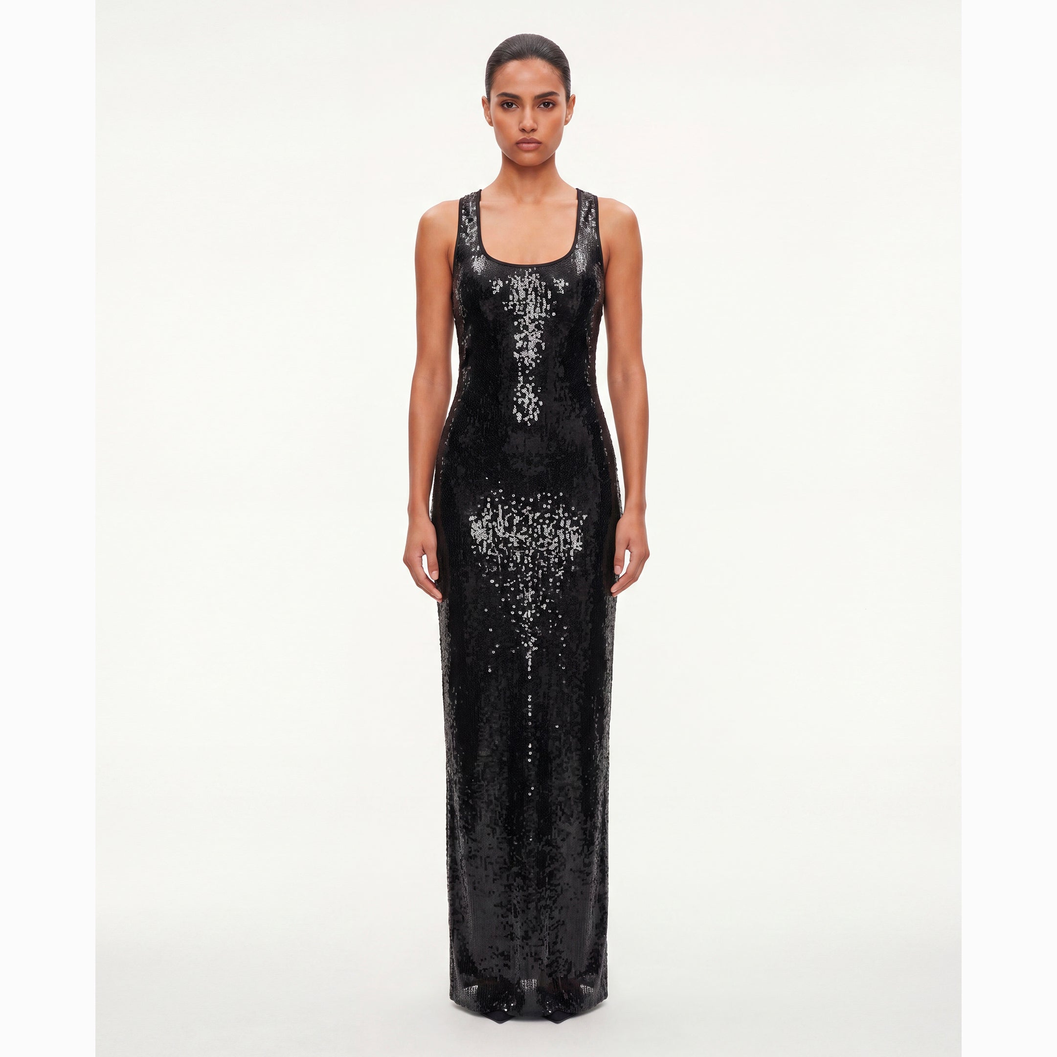 Abito lungo nero in paillettes