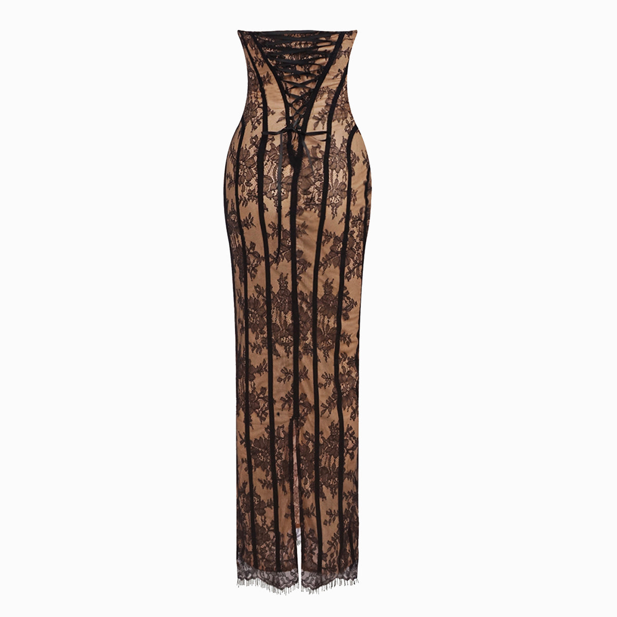 Abito lungo nero bustier con pizzo
