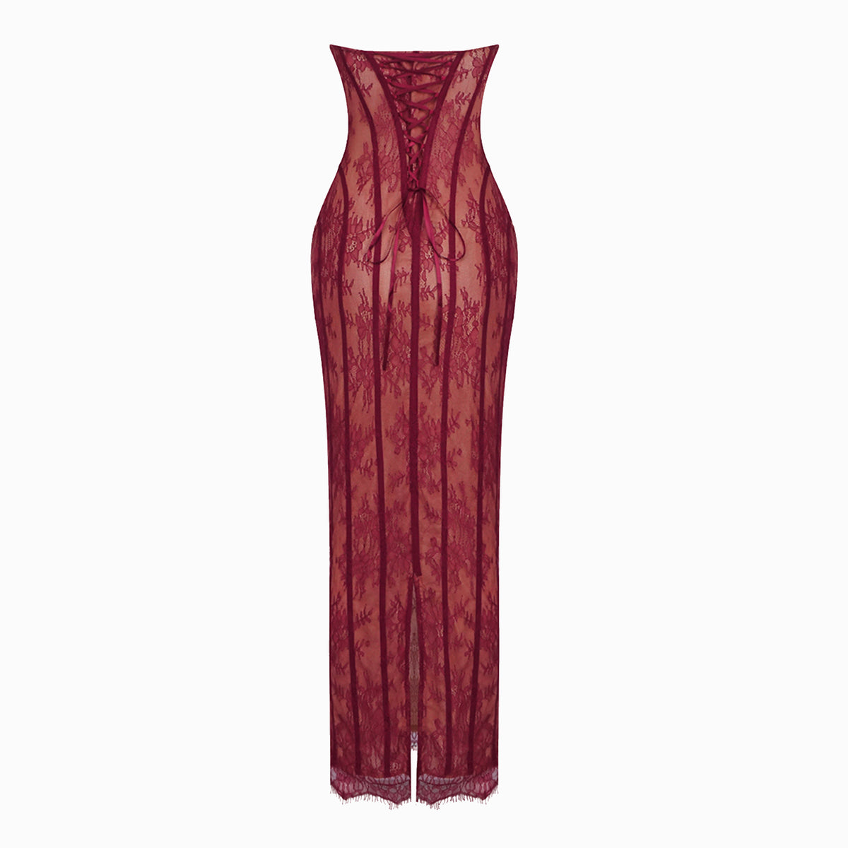 Abito lungo rosso bustier con pizzo