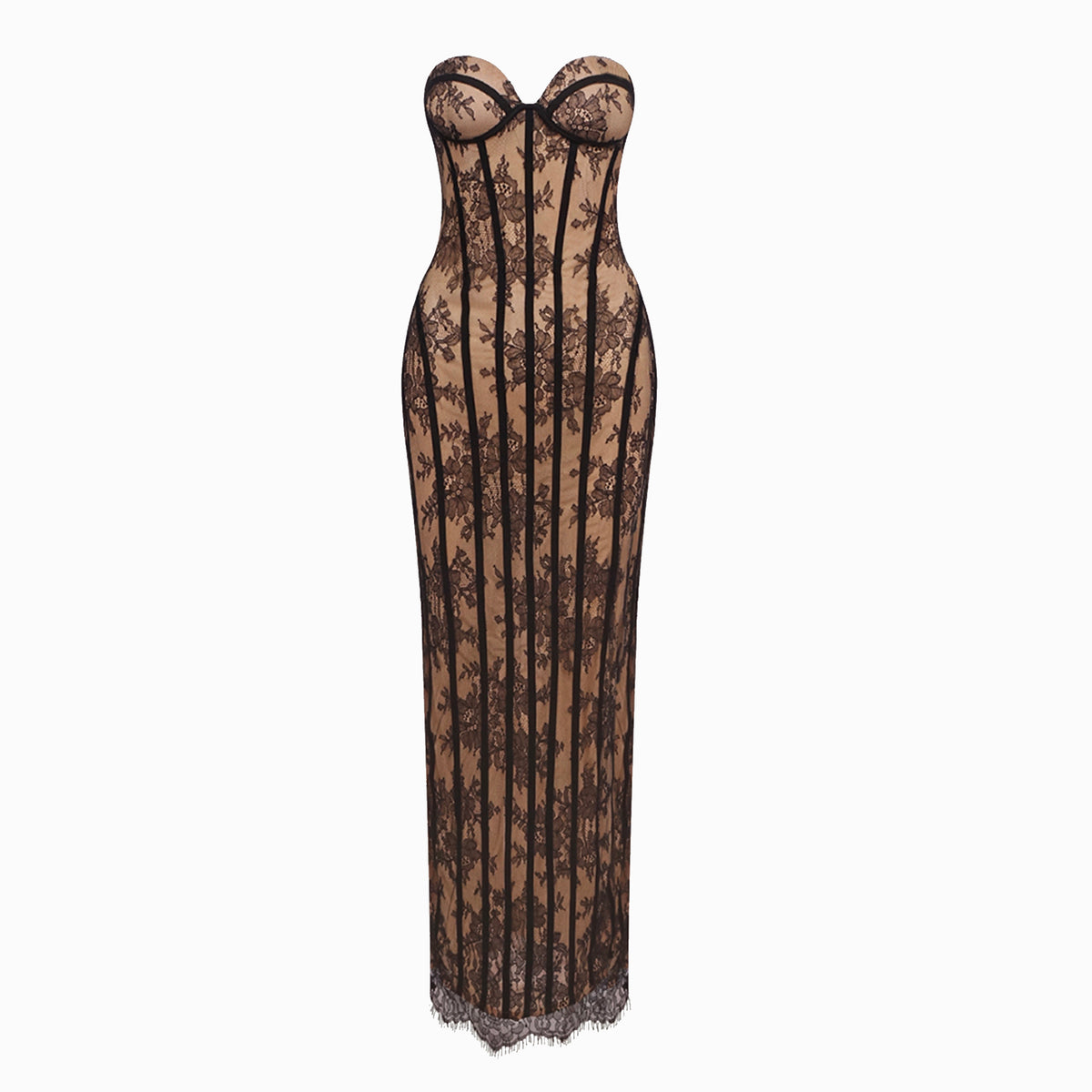 Abito lungo nero bustier con pizzo