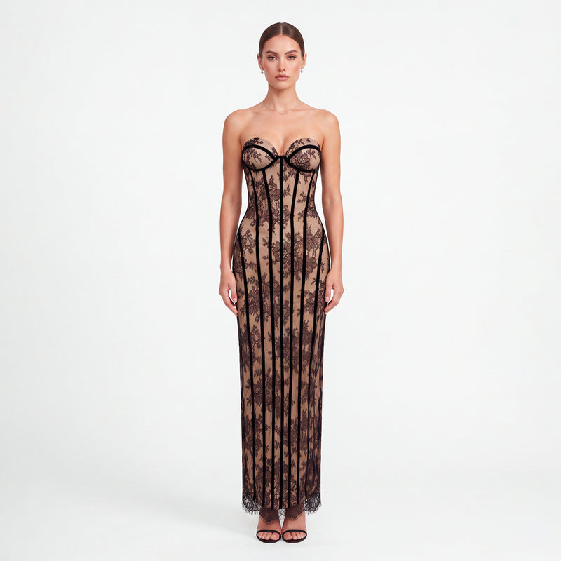 Abito lungo nero bustier con pizzo