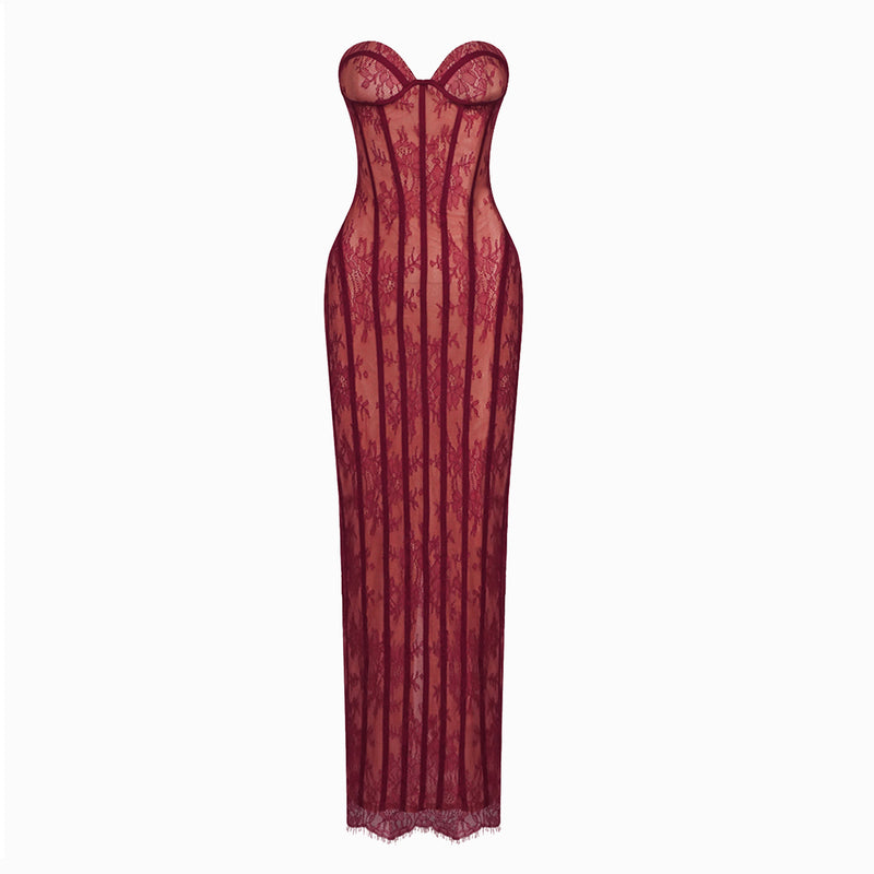Abito lungo rosso bustier con pizzo