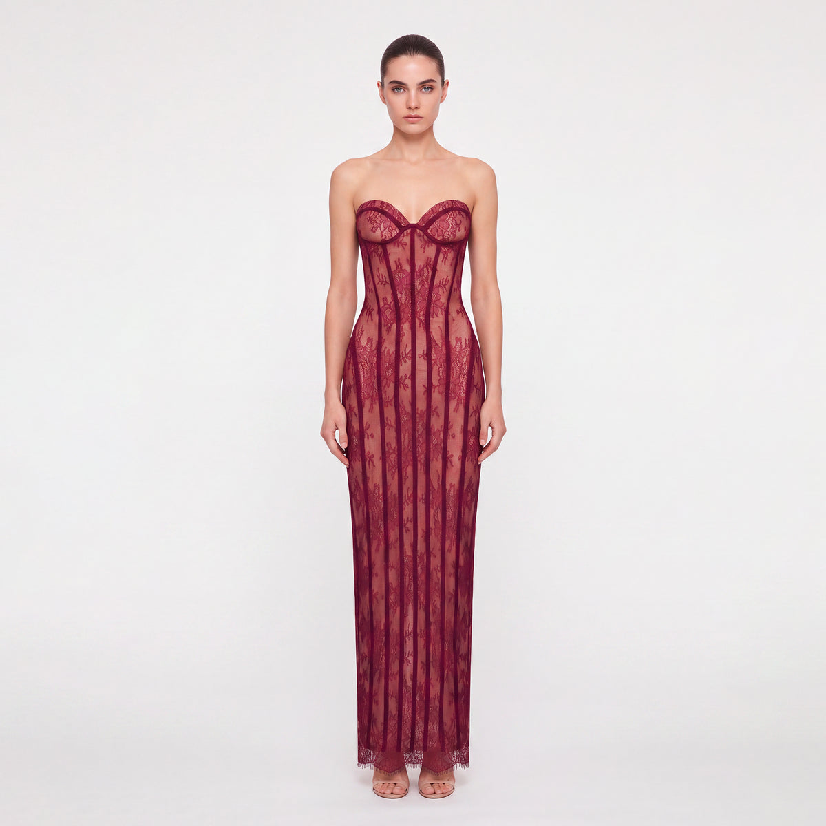 Abito lungo rosso bustier con pizzo