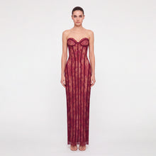 Abito lungo rosso bustier con pizzo